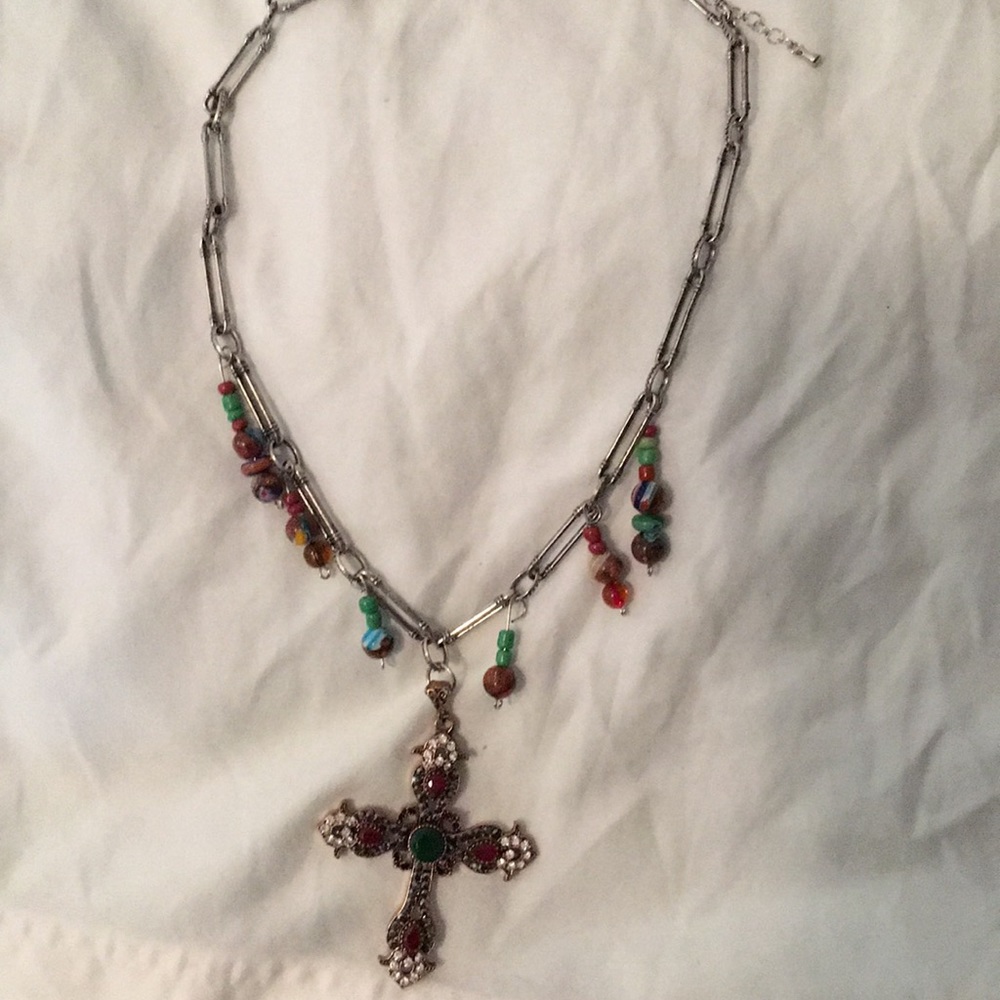 Glass bead and cross necklace